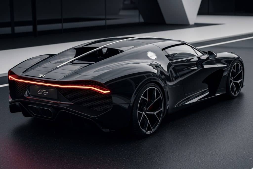 Bugatti La Voiture Noire en fibre de carbone noire, supercar unique hommage à la 57 SC Atlantic avec design sculpté et moteur W16
