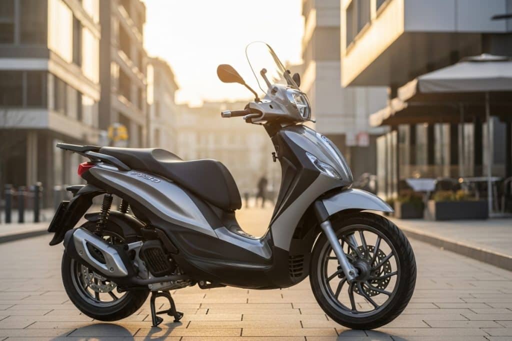 cooter Piaggio Medley 125 argent et noir garé en ville au lever du soleil, design élégant et grandes roues, symbole d’agilité et de confort