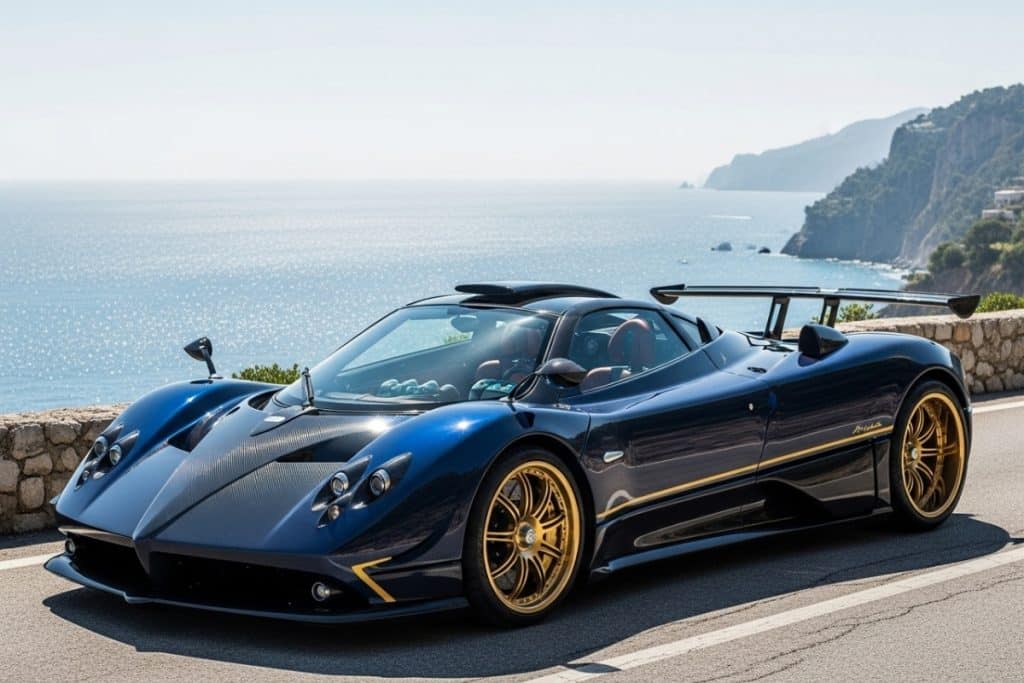 Pagani Zonda HP Barchetta bleu carbone sans pare-brise sur route côtière italienne, hypercar d’exception au design aérodynamique