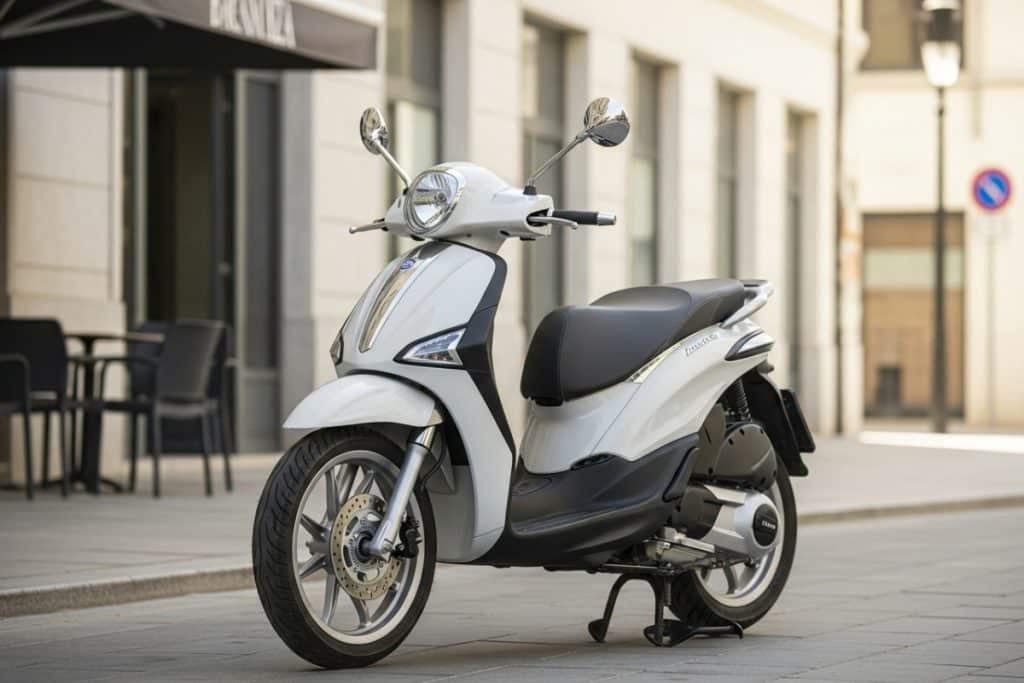 Scooter Piaggio Liberty 125 2025 blanc stationné en ville, grandes roues et design italien élégant, symbole d’agilité urbaine