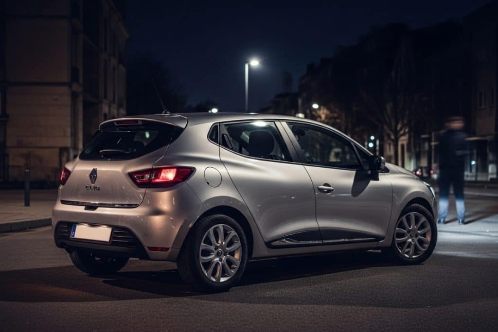 Renault Clio IV garée dans une rue urbaine de nuit, symbole du véhicule le plus volé en France