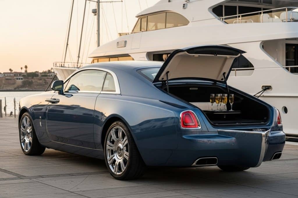 Rolls-Royce Boat Tail bleue garée près d’un port avec service à champagne intégré, cabriolet de luxe inspiré des yachts