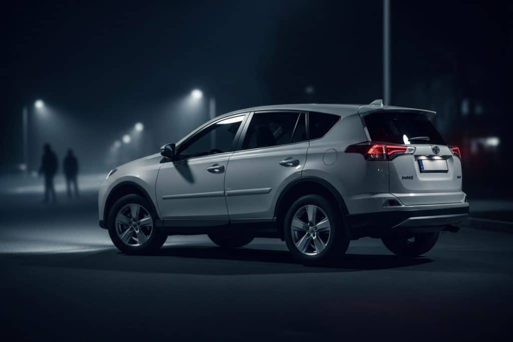 Toyota RAV4 garé de nuit dans une rue urbaine, illustrant son fort taux d'exposition aux vols