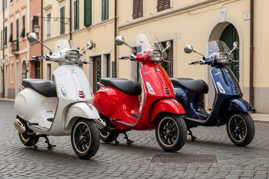 Trois scooters Vespa 125cc Primavera, Sprint et GTS garés sur une rue italienne ensoleillée, design élégant et style vintage chic