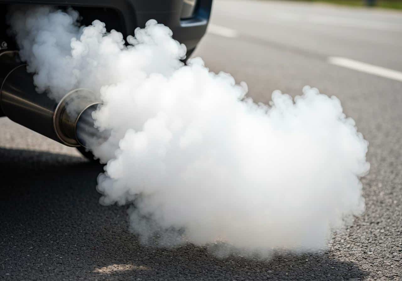 Fumée blanche dense sortant d'un pot d'échappement