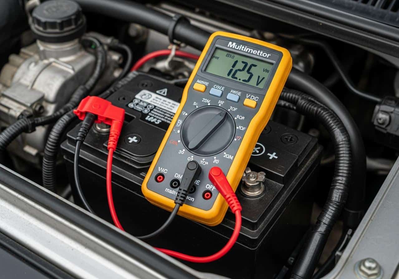 Multimètre posé sur batterie de voiture 12V
