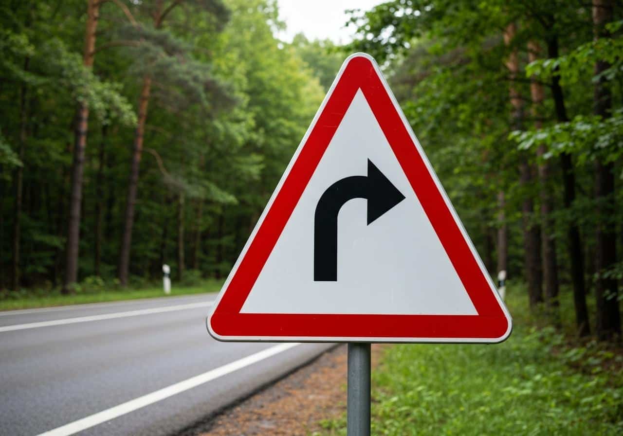 Panneau triangulaire danger virage bordure rouge sur route