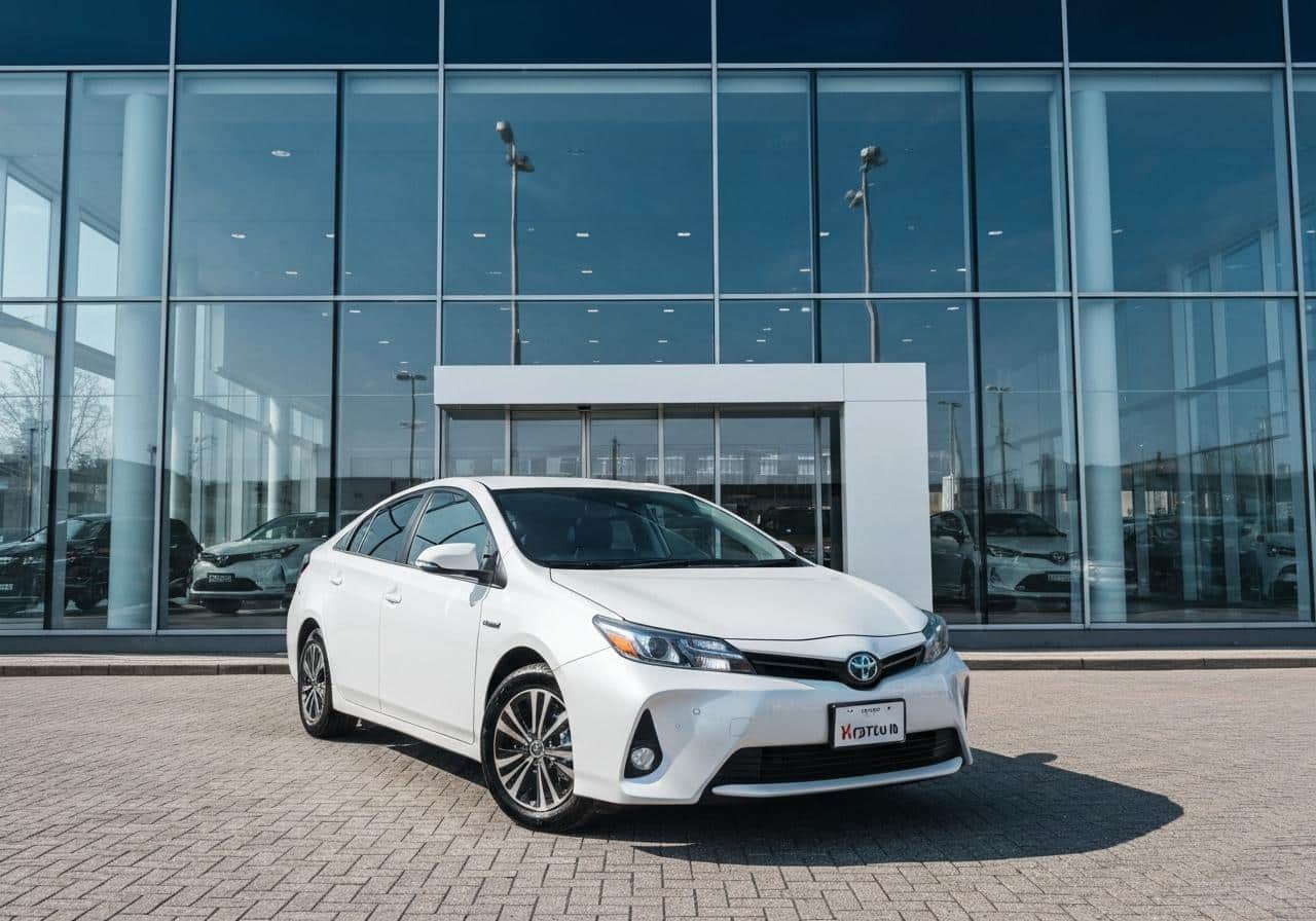 Voiture hybride Toyota garée devant un concessionnaire automobile