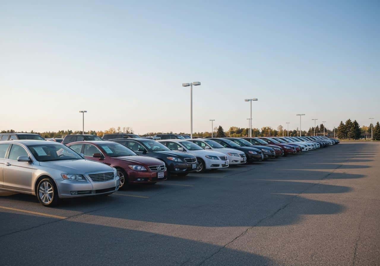Voitures d'occasion alignées sur un parking de concessionnaire canadien