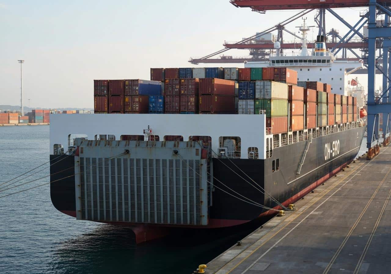 Navire roulier Ro-Ro au port avec rampe d'embarquement