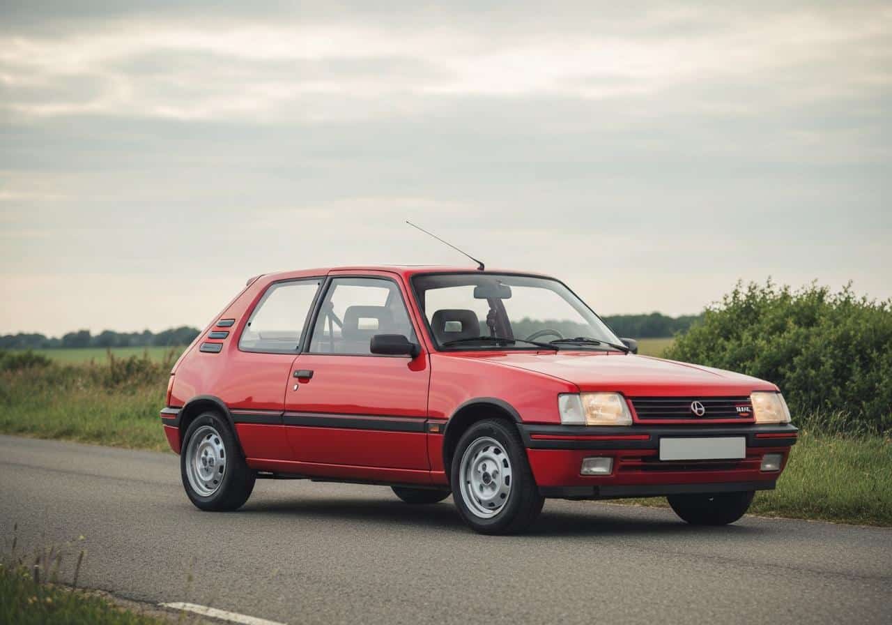 Peugeot 205 GTI rouge garée sur route de campagne