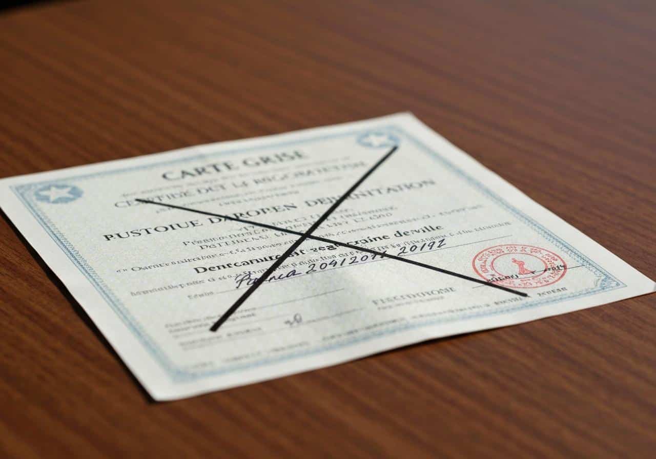 Carte grise barrée avec stylo, date inscrite à la main