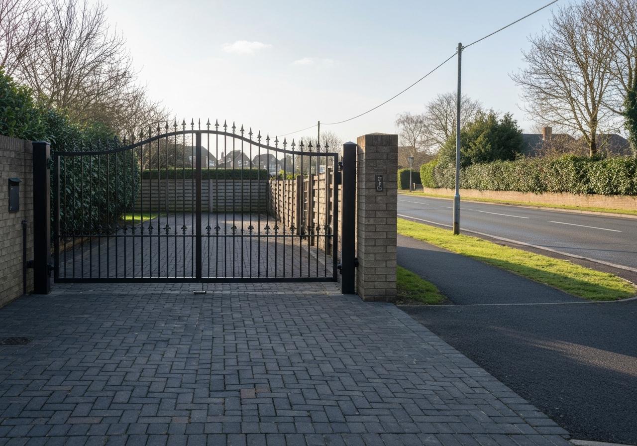 Portail de maison individuelle avec entrée carrossable pavée