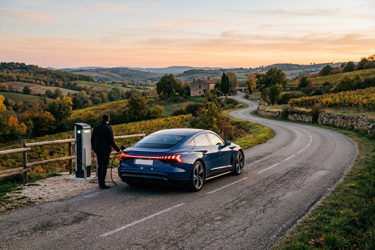 Voiture électrique en recharge en campagne