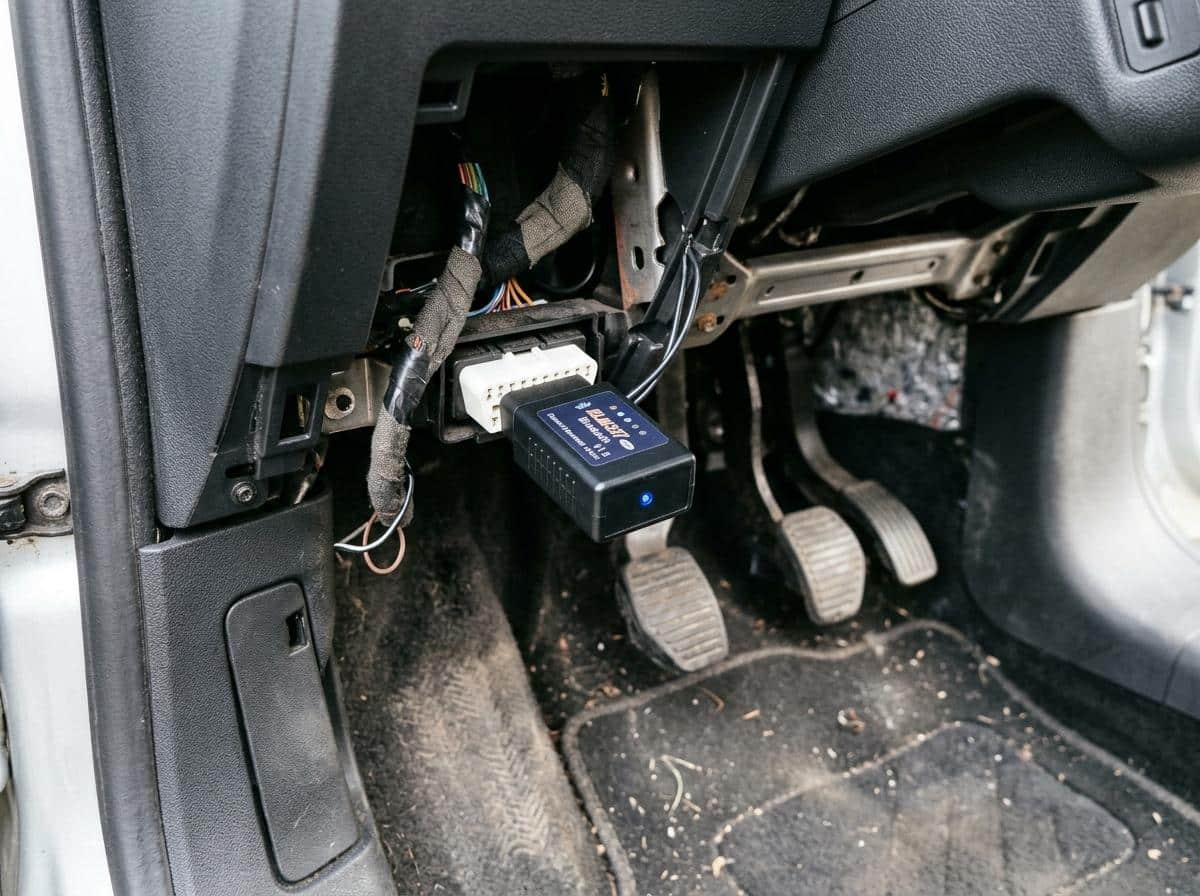 Adaptateur OBD ELM327 branché sous le volant