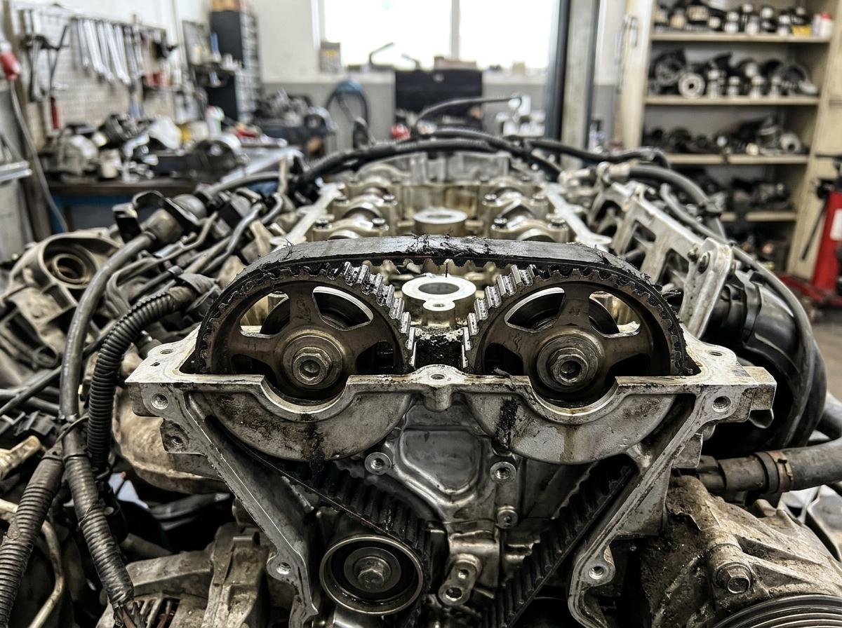 Courroie de distribution humide usée dans un moteur essence