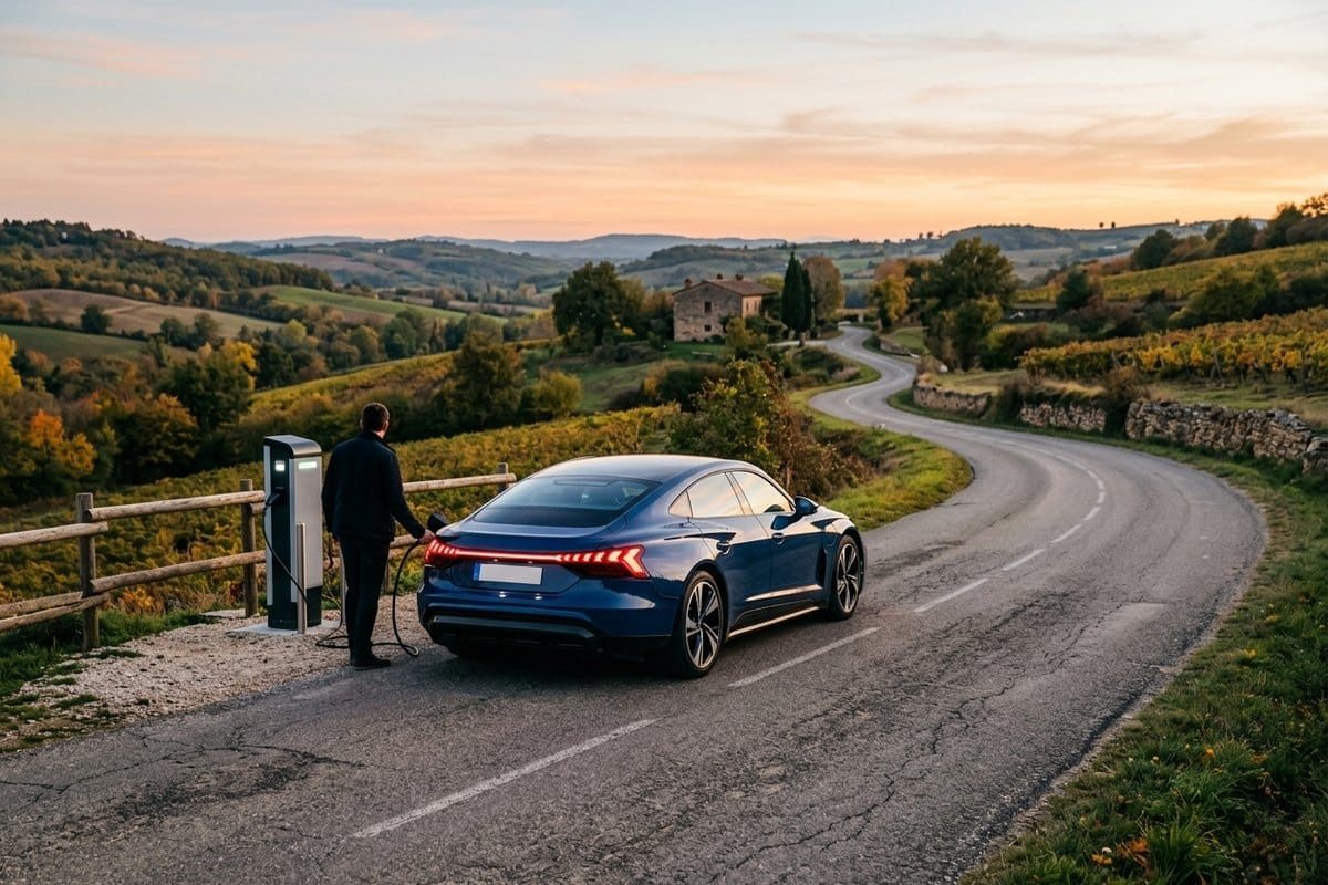 Voiture électrique en recharge en campagne